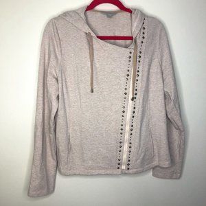 Laura Ashley Oatmeal Side Zip Studded Hooded Cardigan With Pockets Size Large